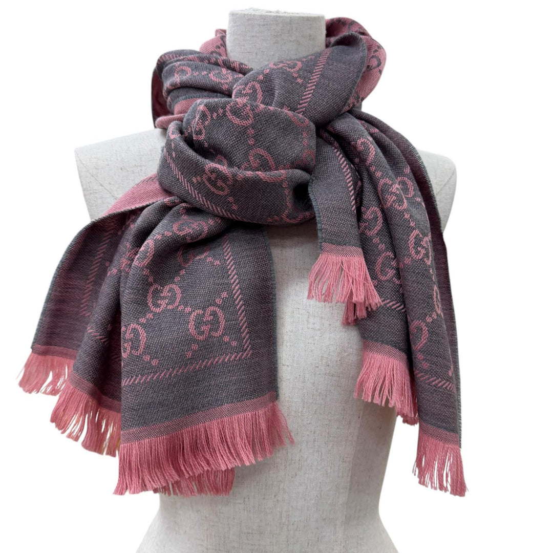 Excellent GUCCI Scarf GG pattern fringe large shawl gray wool Women 133483