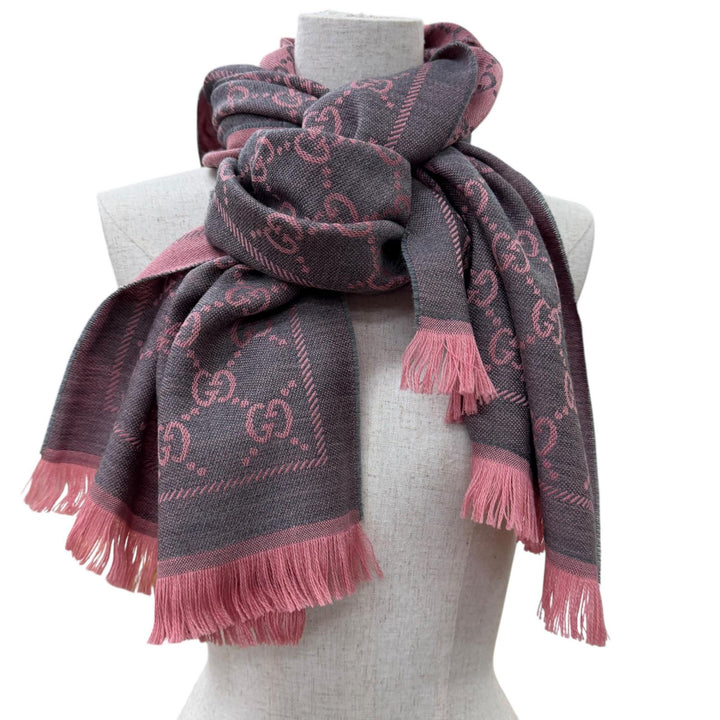 Excellent GUCCI Scarf GG pattern fringe large shawl gray wool Women 133483