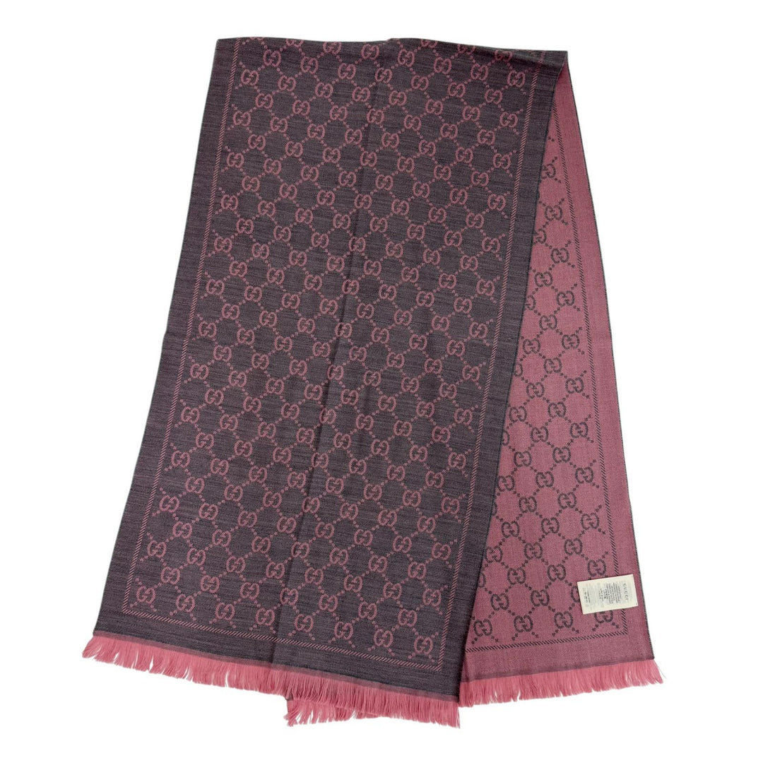 Excellent GUCCI Scarf GG pattern fringe large shawl gray wool Women 133483