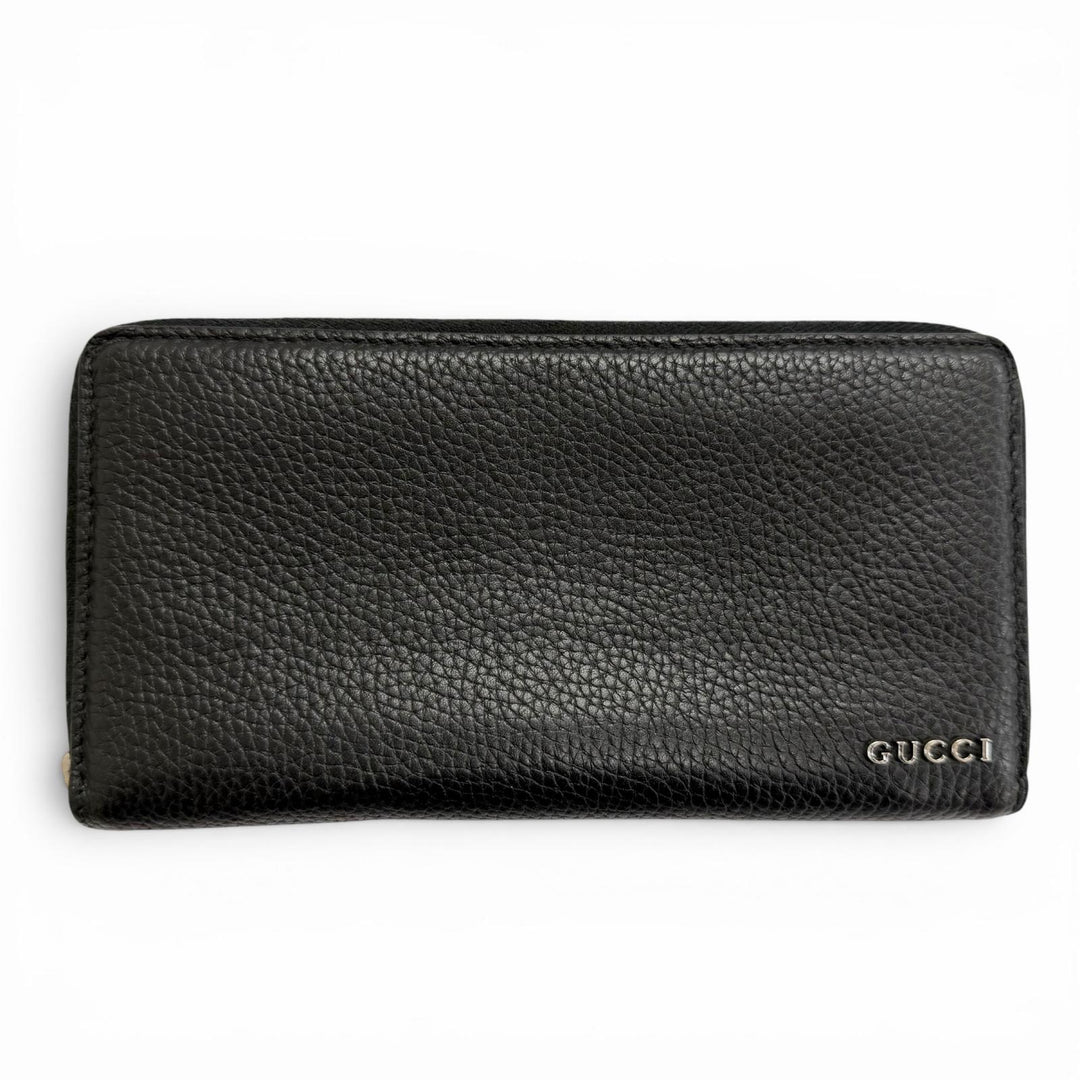 Great GUCCI Purse logo zip-around wallet black leather mens 771154