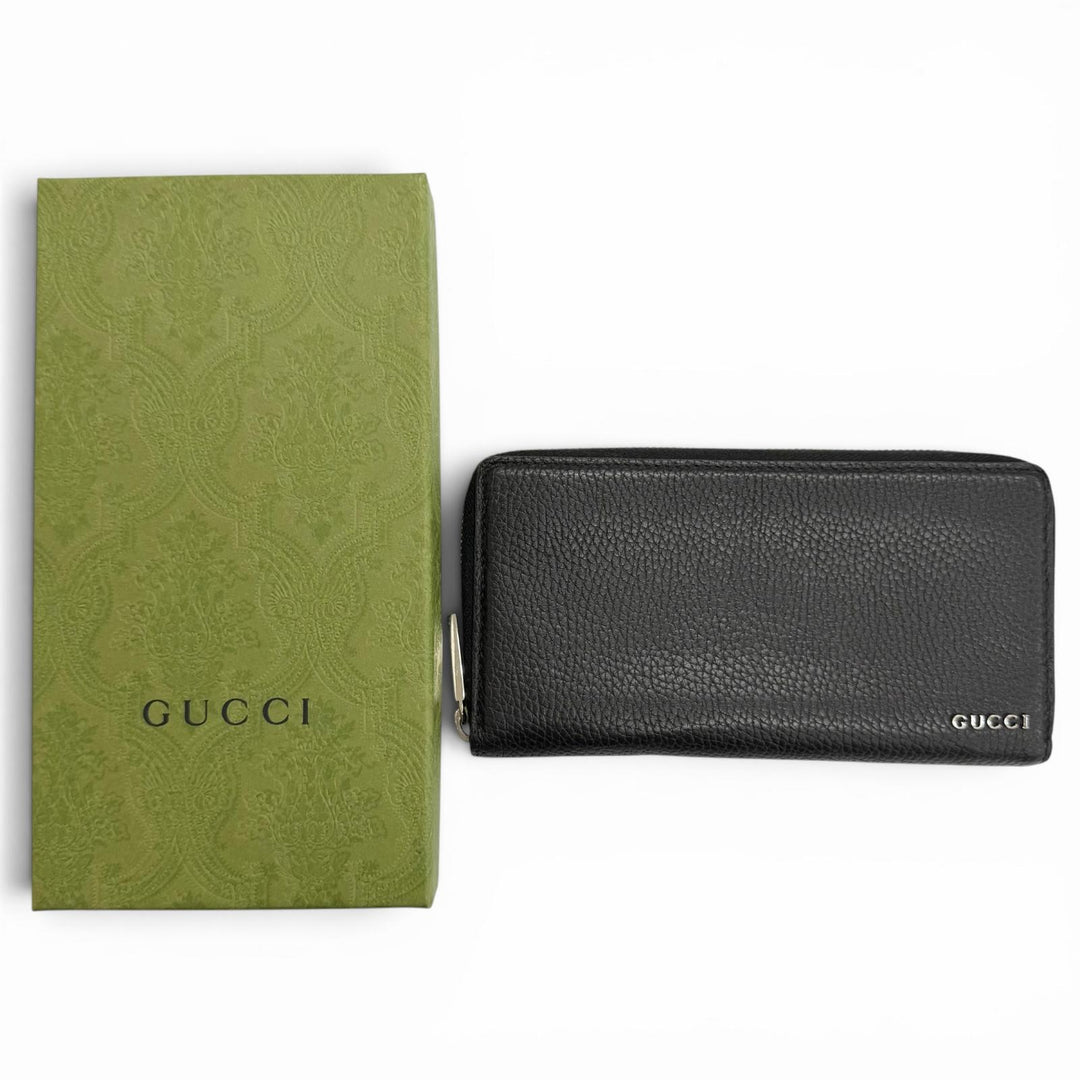 Great GUCCI Purse logo zip-around wallet black leather mens 771154