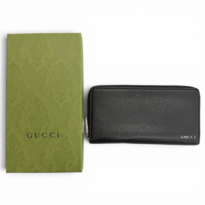 Great GUCCI Purse logo zip-around wallet black leather mens 771154