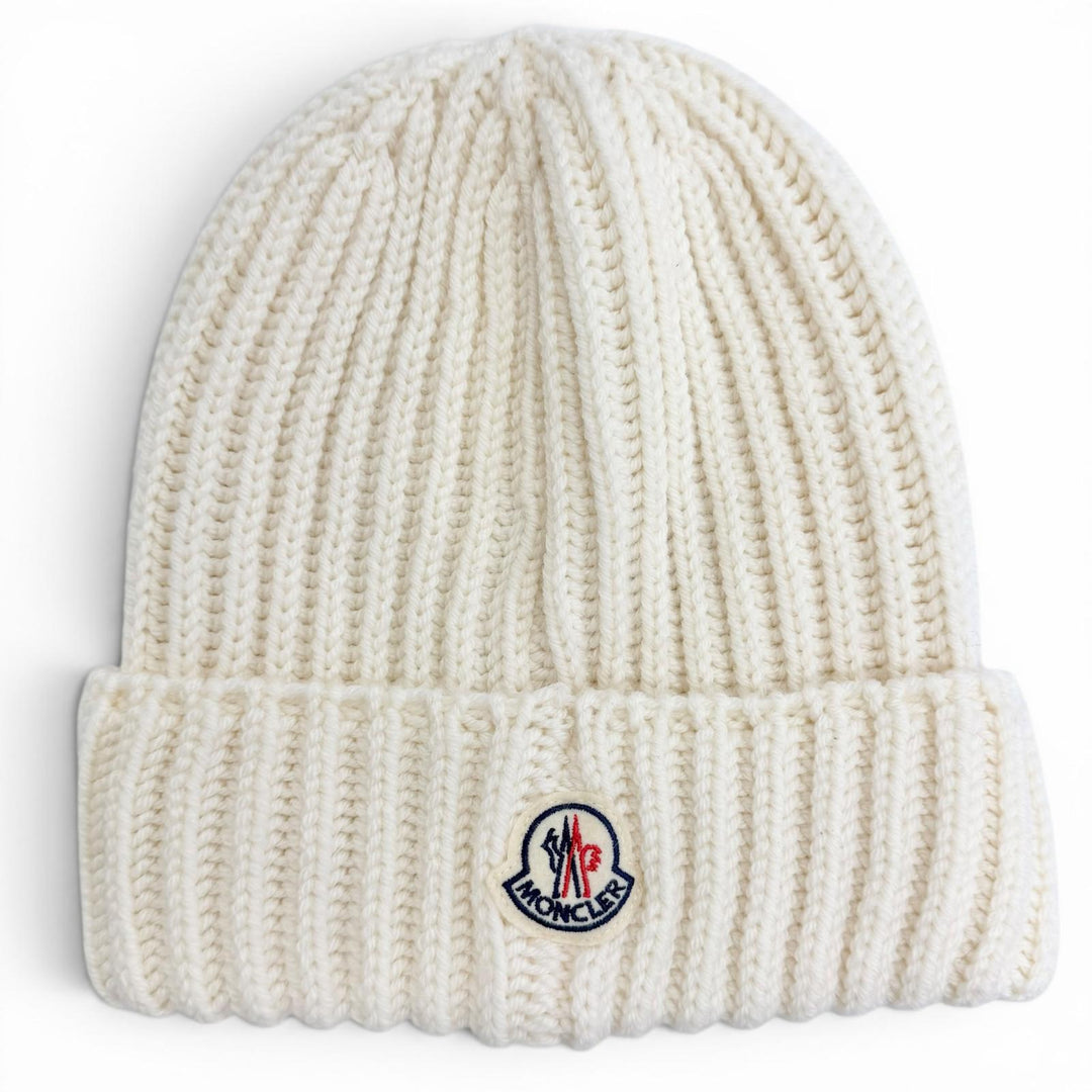 Excellent MONCLER BERRETTO TRICOT Logo patch, knit hat, knit cap, beanie Ivory