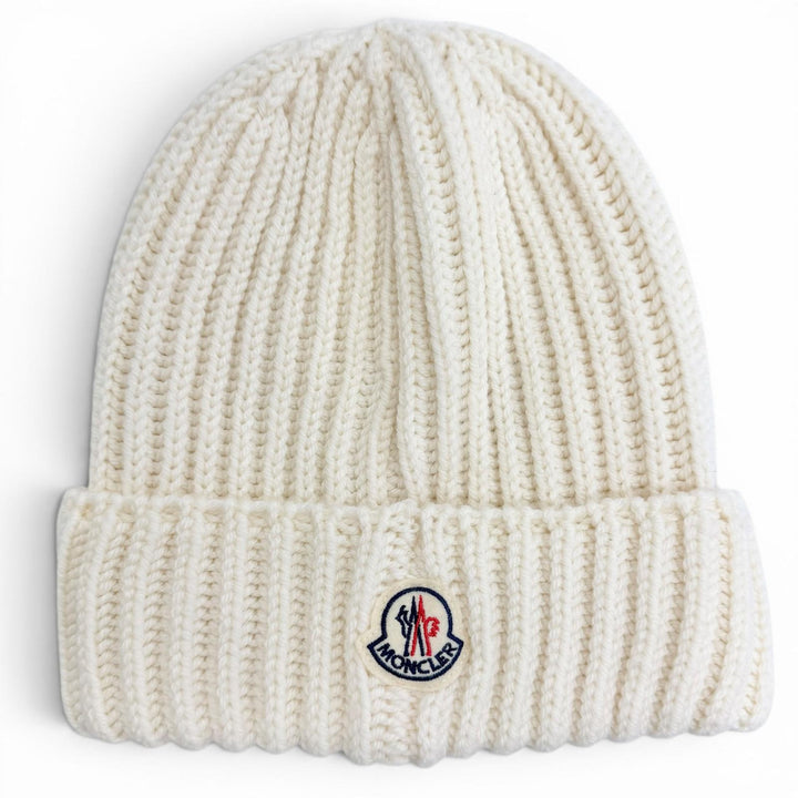 Excellent MONCLER BERRETTO TRICOT Logo patch, knit hat, knit cap, beanie Ivory