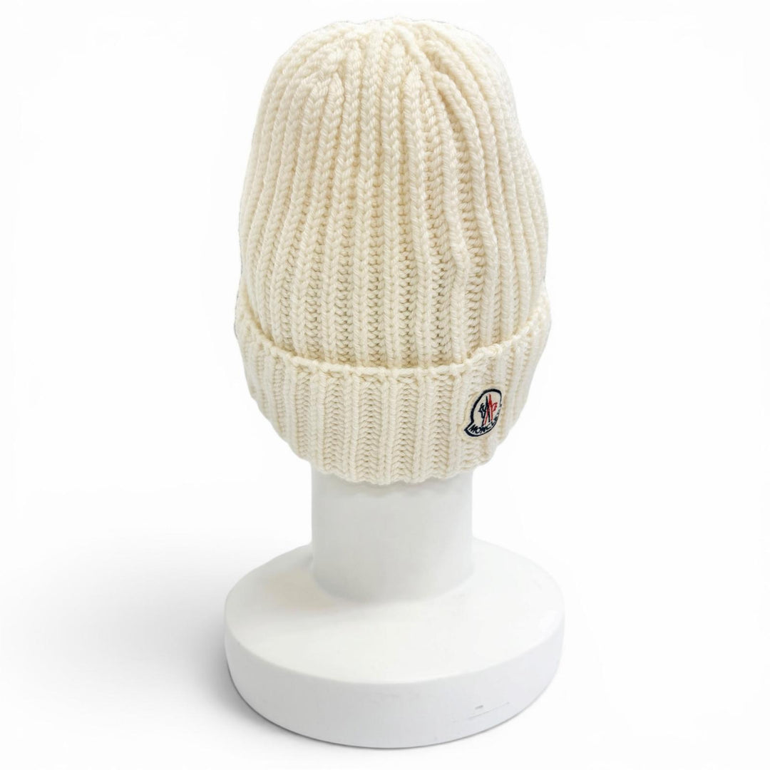 Excellent MONCLER BERRETTO TRICOT Logo patch, knit hat, knit cap, beanie Ivory