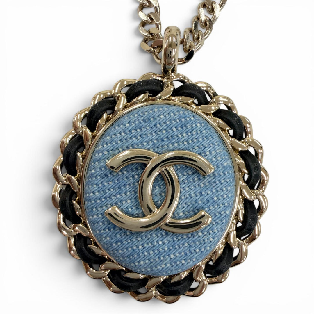Excellent CHANEL Necklace COCO Mark Denim Design Chain Indigo blue Women B25P