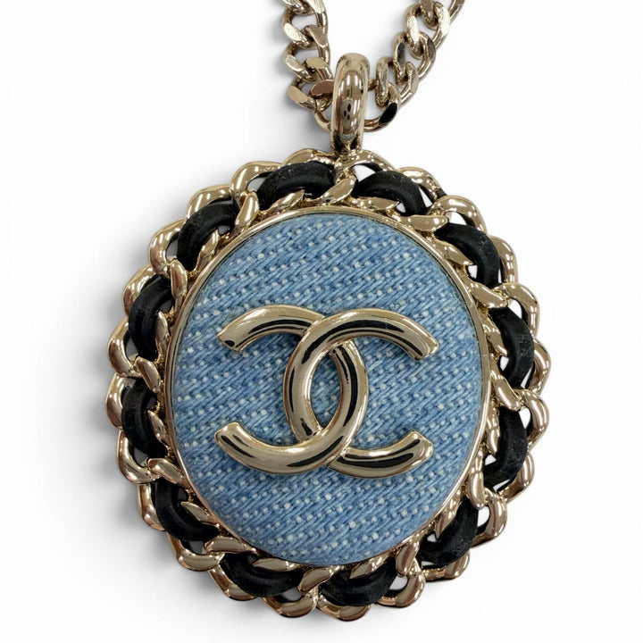 Excellent CHANEL Necklace COCO Mark Denim Design Chain Indigo blue Women B25P