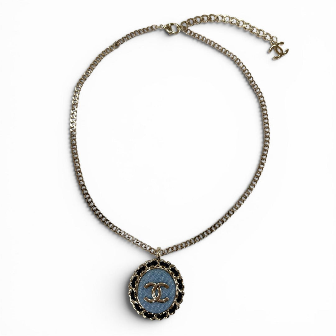 Excellent CHANEL Necklace COCO Mark Denim Design Chain Indigo blue Women B25P