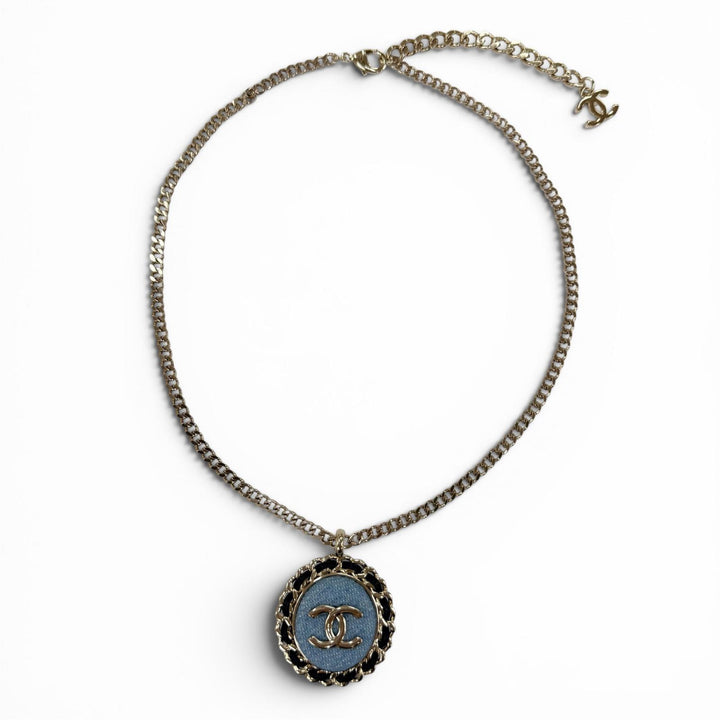 Excellent CHANEL Necklace COCO Mark Denim Design Chain Indigo blue Women B25P