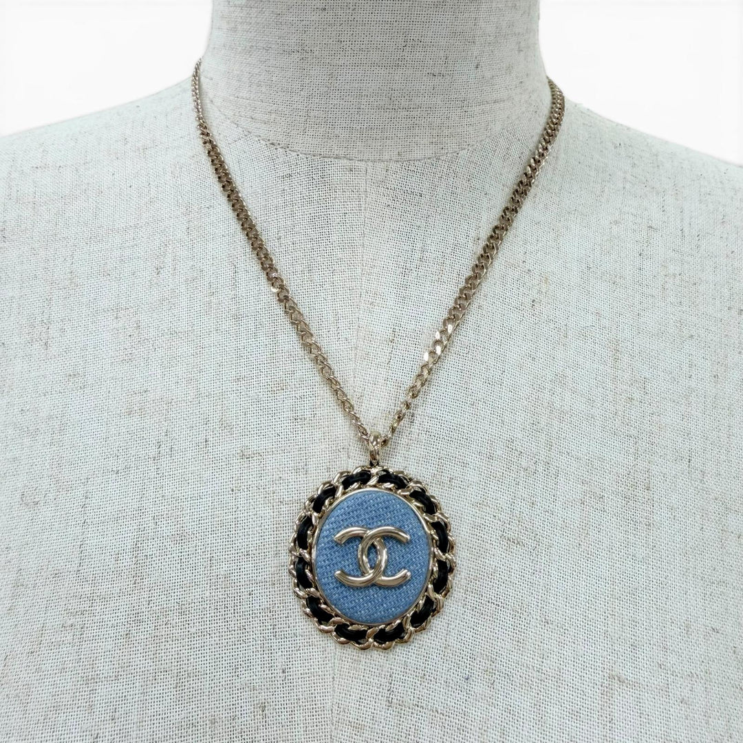 Excellent CHANEL Necklace COCO Mark Denim Design Chain Indigo blue Women B25P