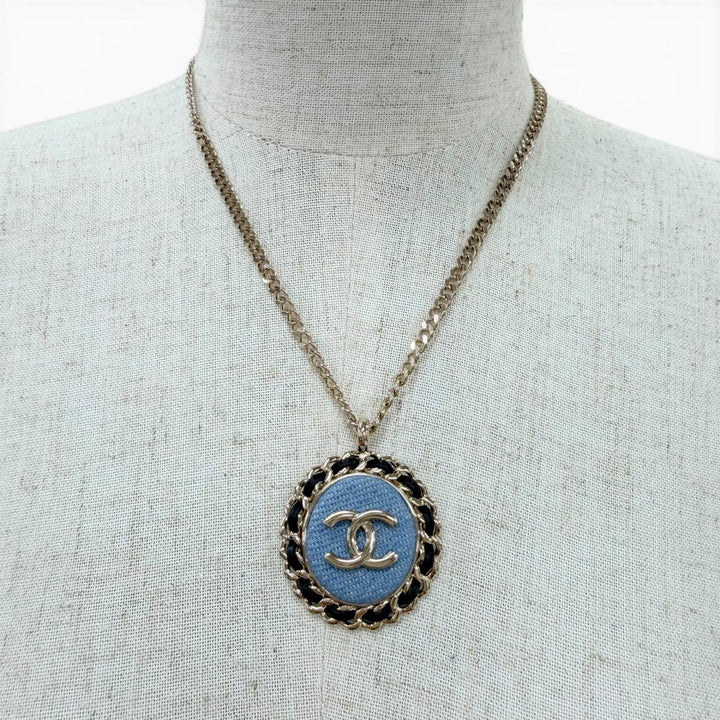 Excellent CHANEL Necklace COCO Mark Denim Design Chain Indigo blue Women B25P