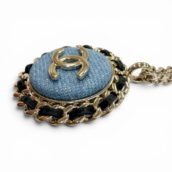 Excellent CHANEL Necklace COCO Mark Denim Design Chain Indigo blue Women B25P