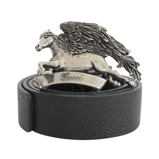 Great GUCCI belt Pegasus Buckle black leather mens 256262