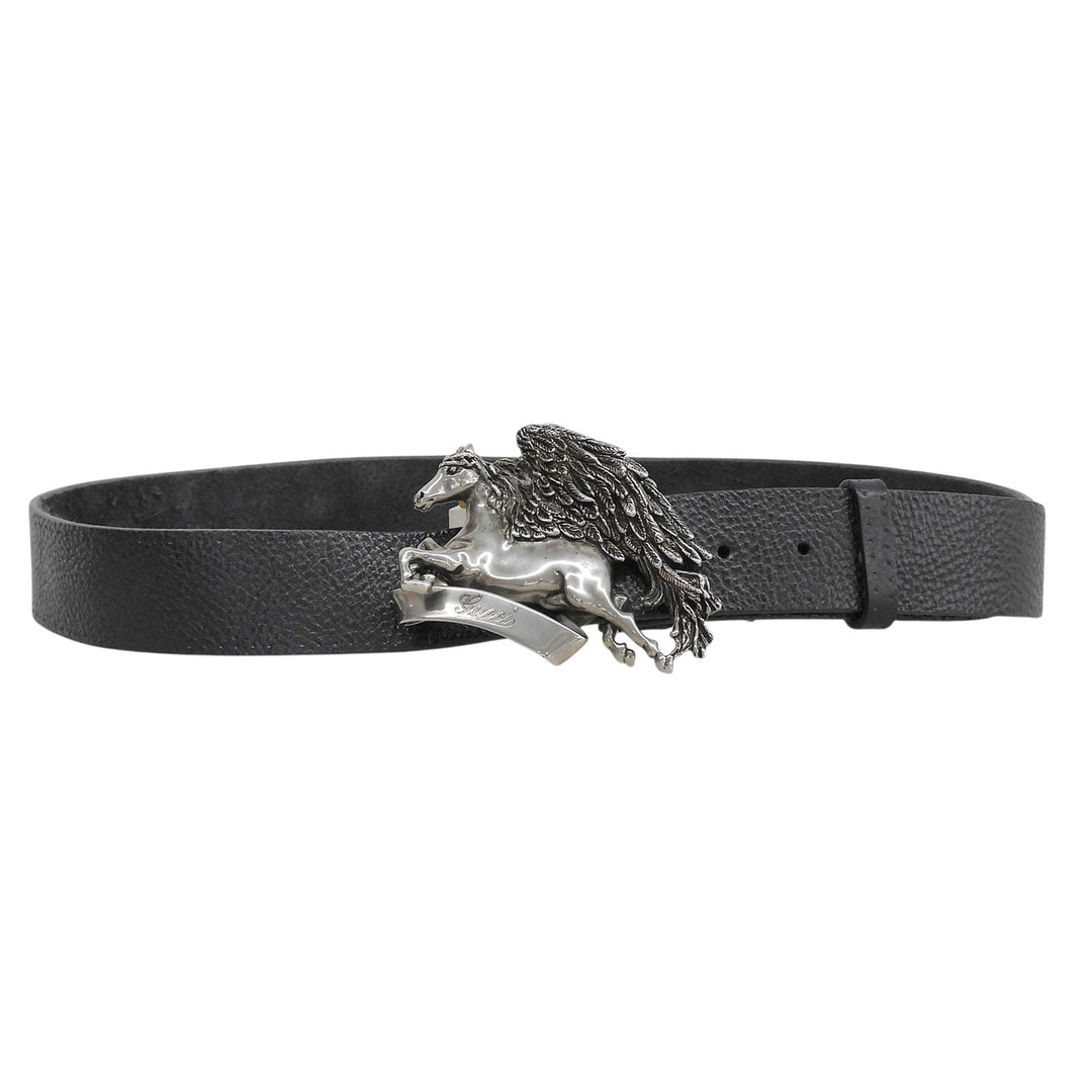 Great GUCCI belt Pegasus Buckle black leather mens 256262