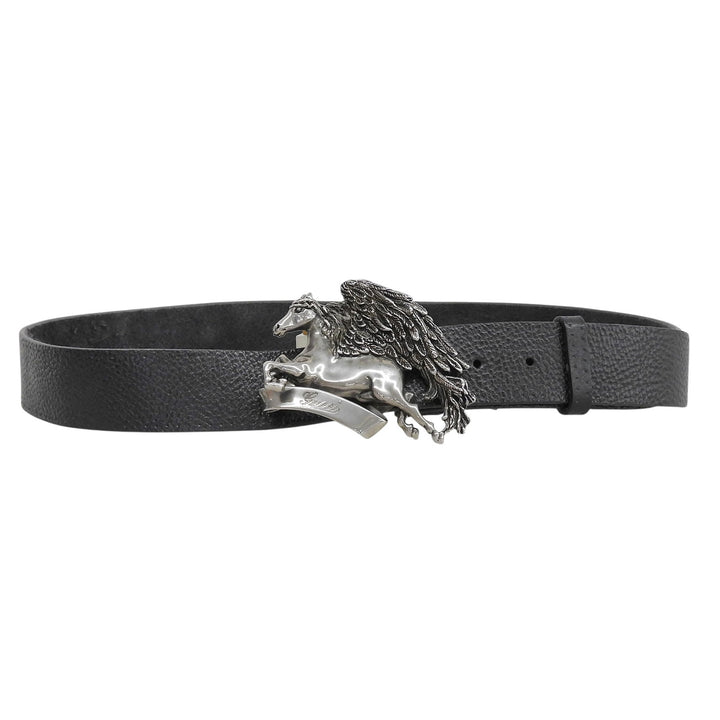 Great GUCCI belt Pegasus Buckle black leather mens 256262