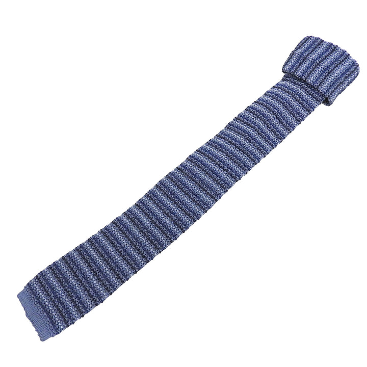 Excellent HERMES tie Border Pattern H Logo Embroidered Knit blue silk mens