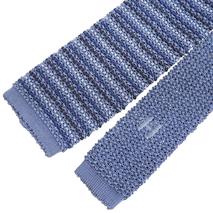 Excellent HERMES tie Border Pattern H Logo Embroidered Knit blue silk mens