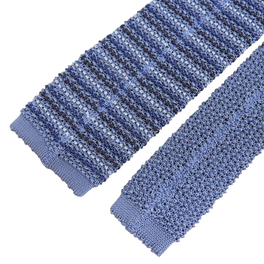 Excellent HERMES tie Border Pattern H Logo Embroidered Knit blue silk mens