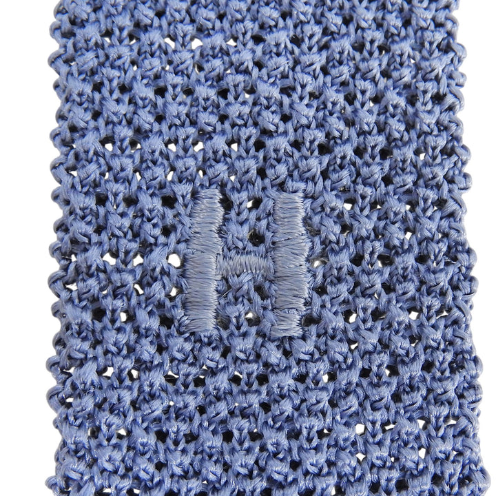 Excellent HERMES tie Border Pattern H Logo Embroidered Knit blue silk mens