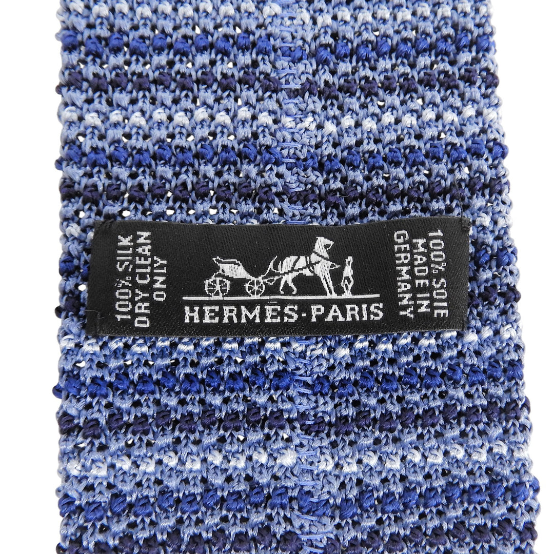 Excellent HERMES tie Border Pattern H Logo Embroidered Knit blue silk mens