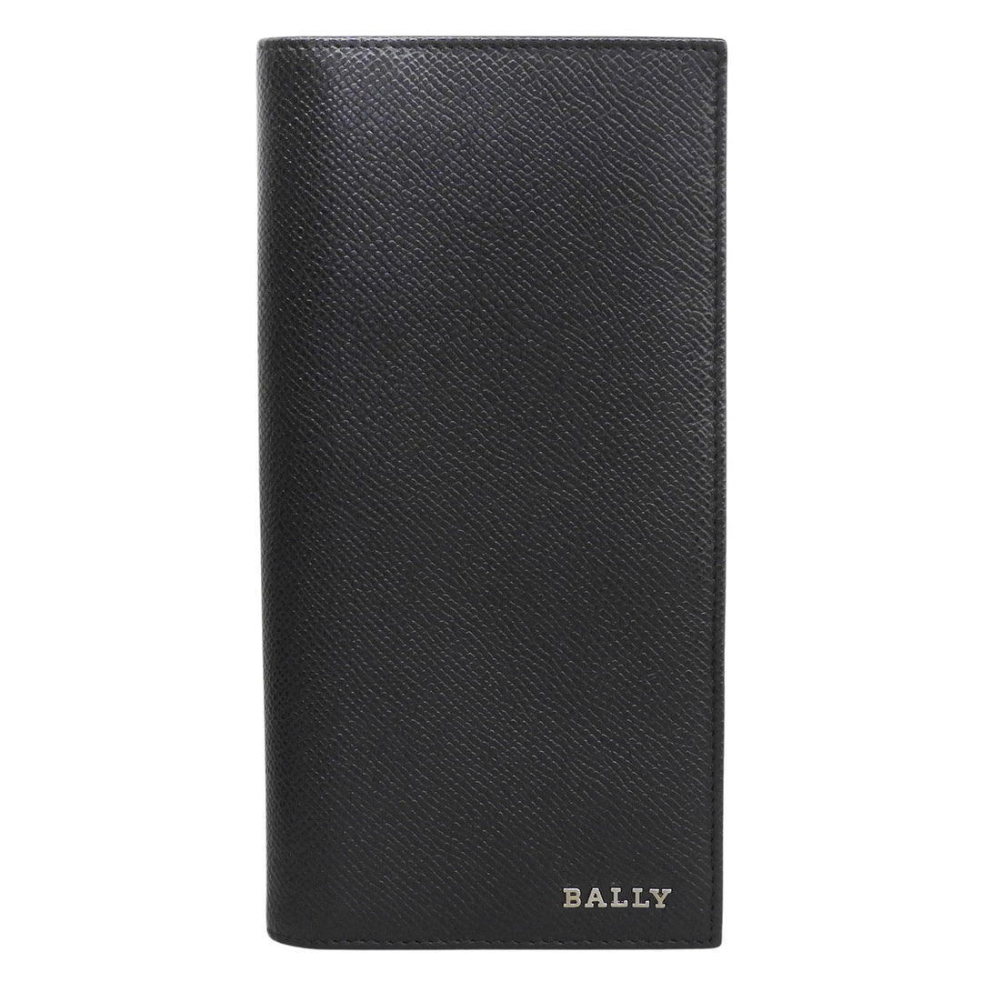 Excellent BALLY Purse Logo Metal Long Wallet Bifold Wallet black leather mens