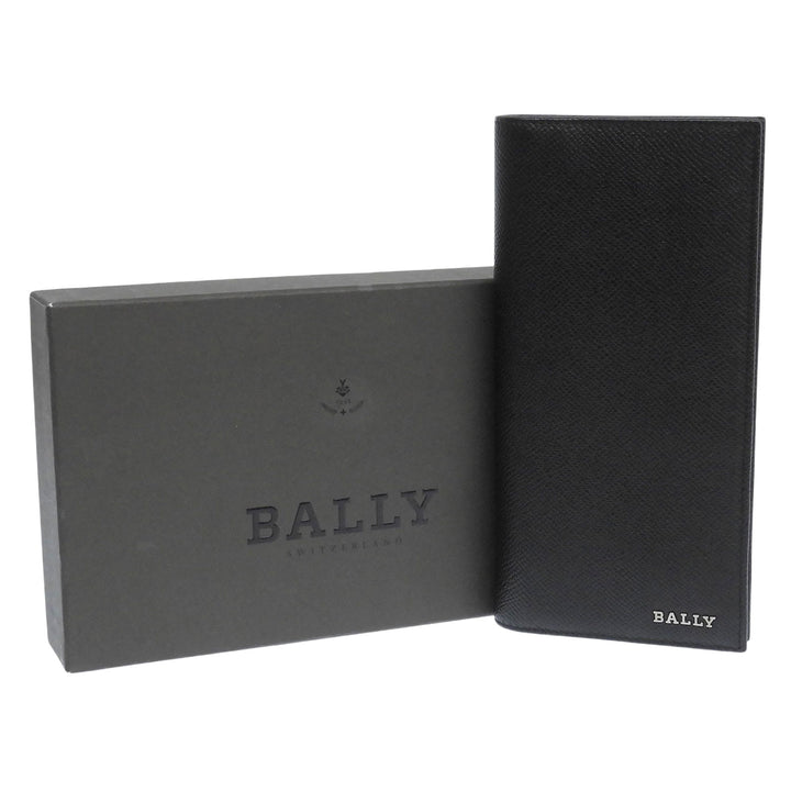 Excellent BALLY Purse Logo Metal Long Wallet Bifold Wallet black leather mens