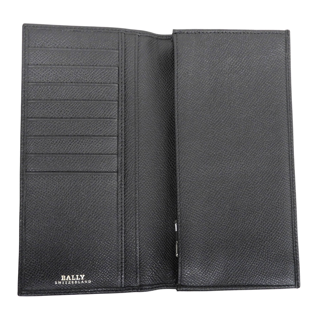 Excellent BALLY Purse Logo Metal Long Wallet Bifold Wallet black leather mens