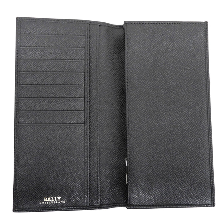 Excellent BALLY Purse Logo Metal Long Wallet Bifold Wallet black leather mens