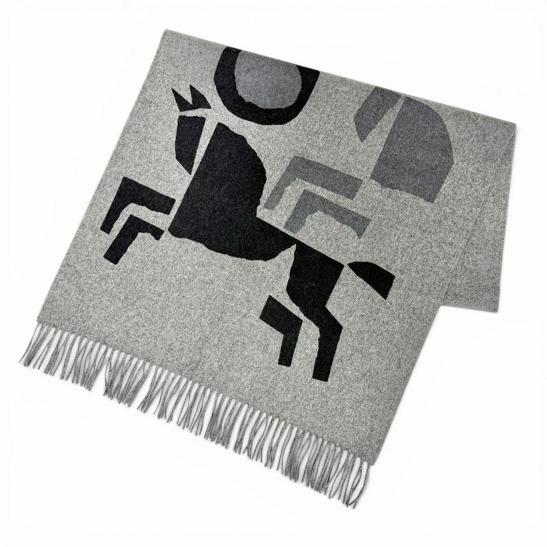 Excellent HERMES Velki Love Large shawl with logo leather patch gray cashmere