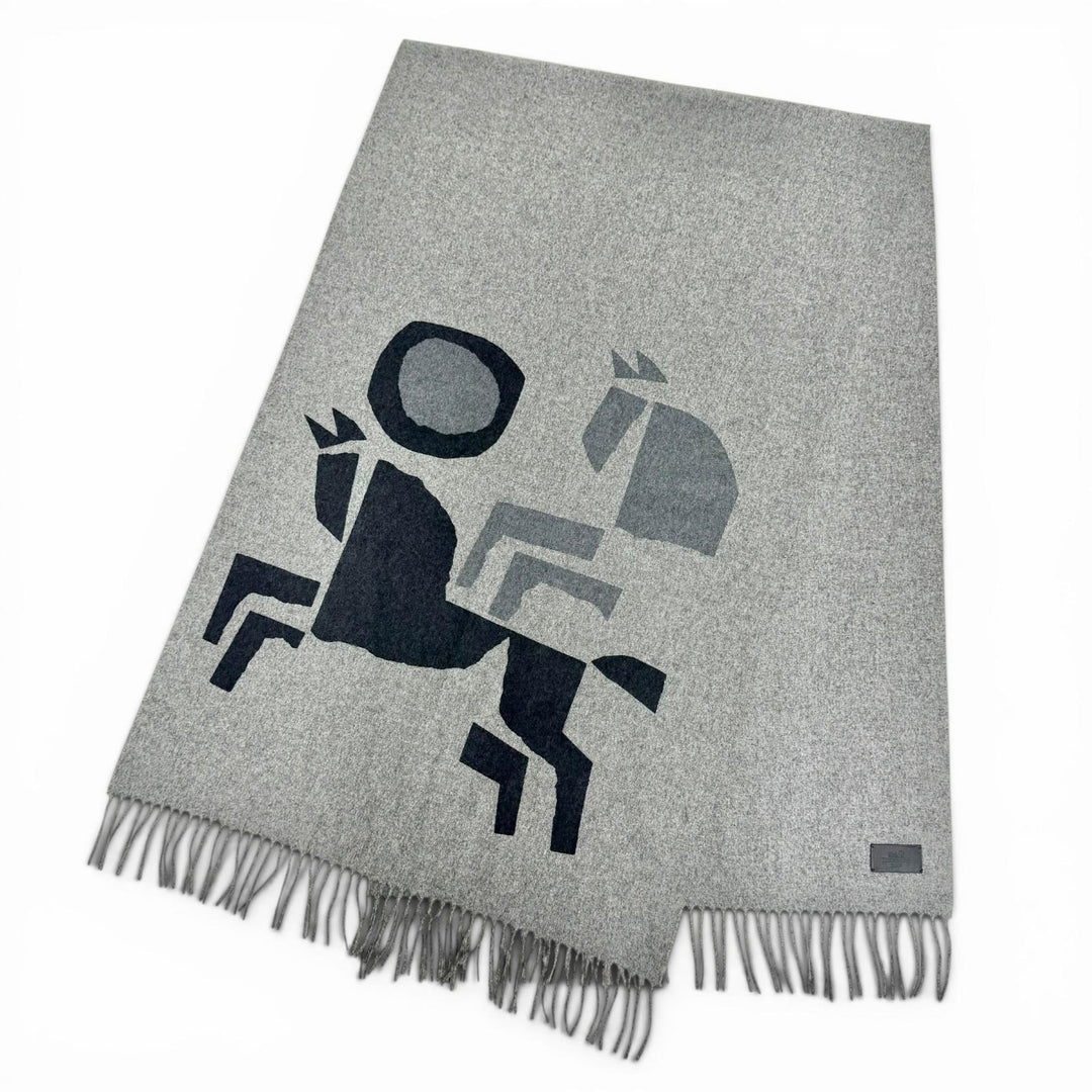 Excellent HERMES Velki Love Large shawl with logo leather patch gray cashmere