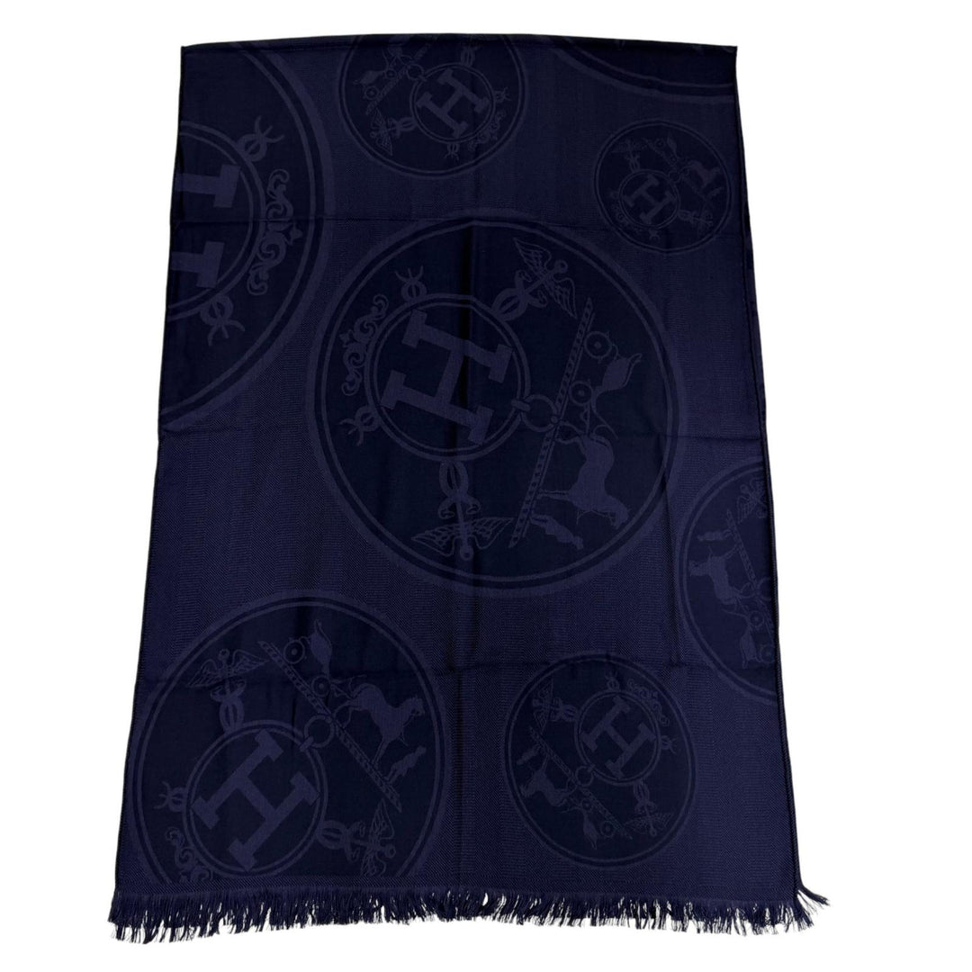 Pristine HERMES Stall New Libris Large shawl with fringe Navy cashmere Women