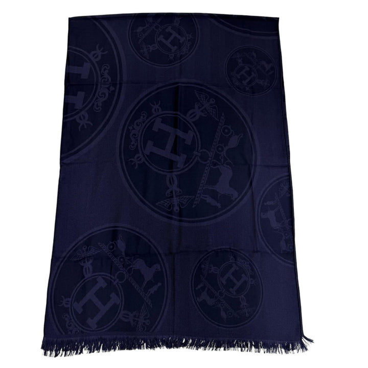 Pristine HERMES Stall New Libris Large shawl with fringe Navy cashmere Women