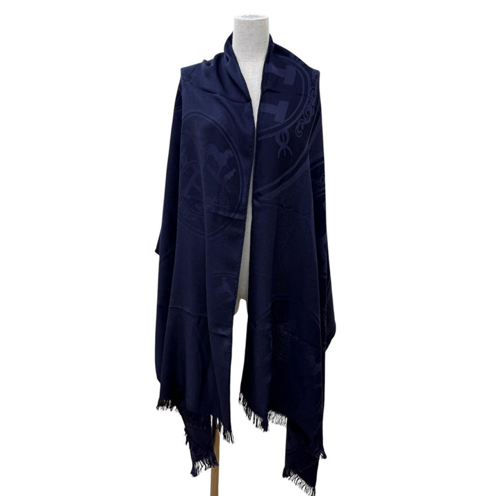 Pristine HERMES Stall New Libris Large shawl with fringe Navy cashmere Women