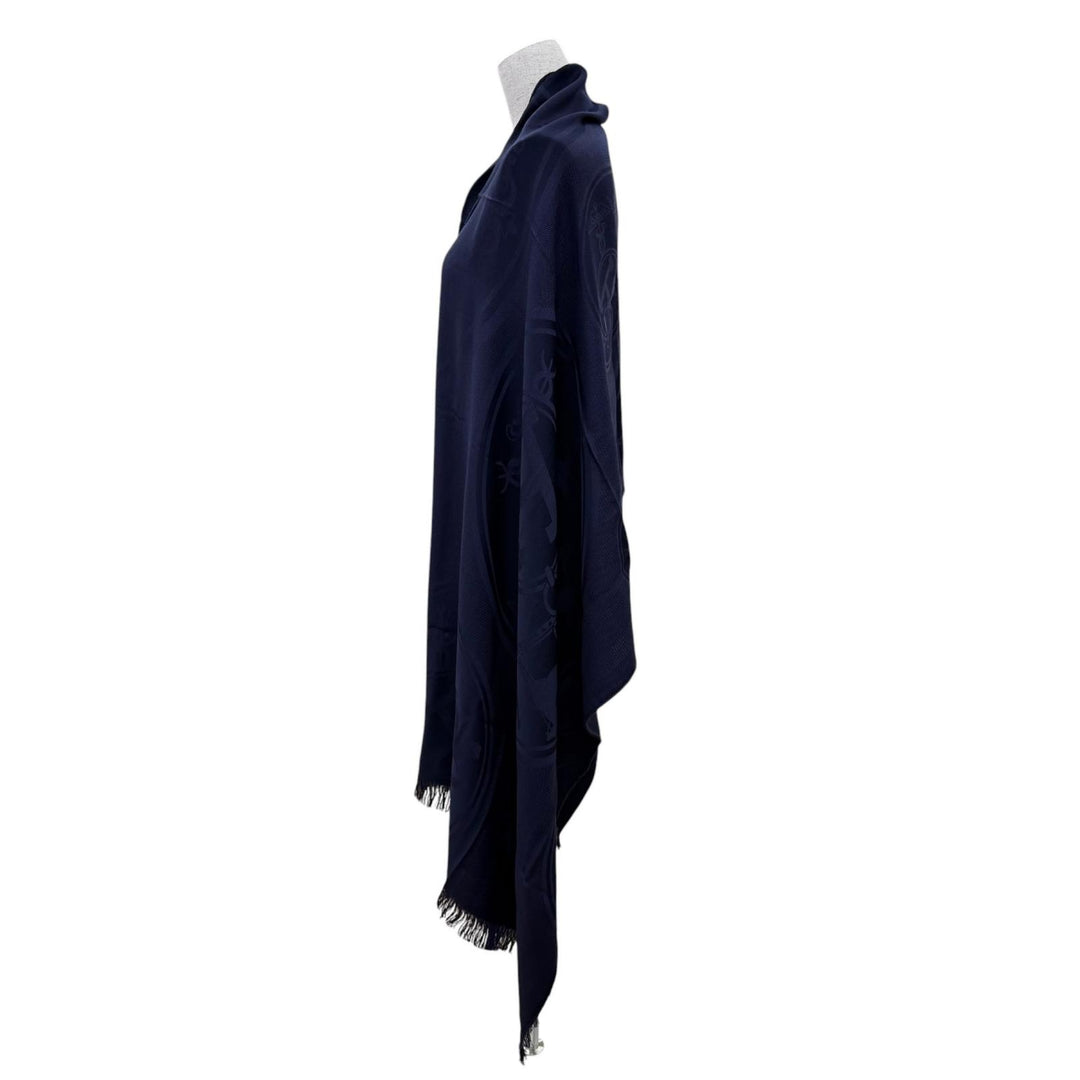 Pristine HERMES Stall New Libris Large shawl with fringe Navy cashmere Women