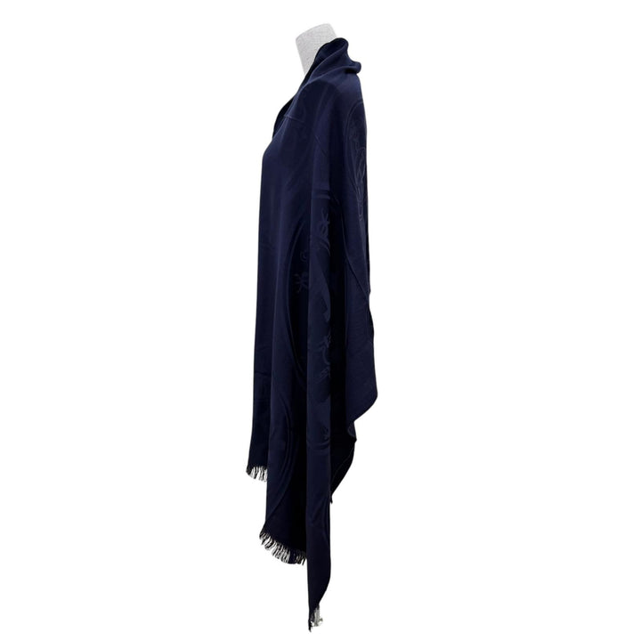 Pristine HERMES Stall New Libris Large shawl with fringe Navy cashmere Women