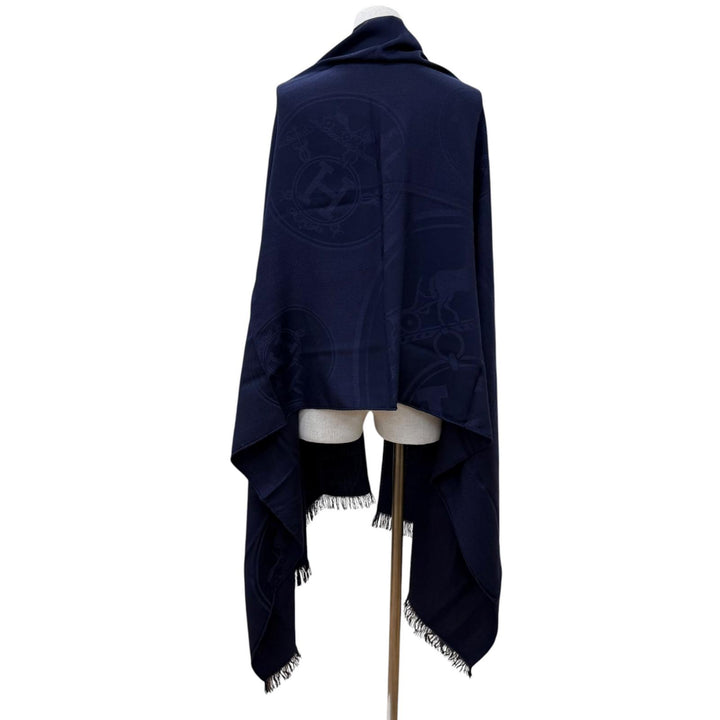 Pristine HERMES Stall New Libris Large shawl with fringe Navy cashmere Women