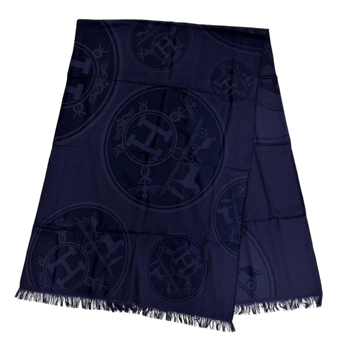 Pristine HERMES Stall New Libris Large shawl with fringe Navy cashmere Women