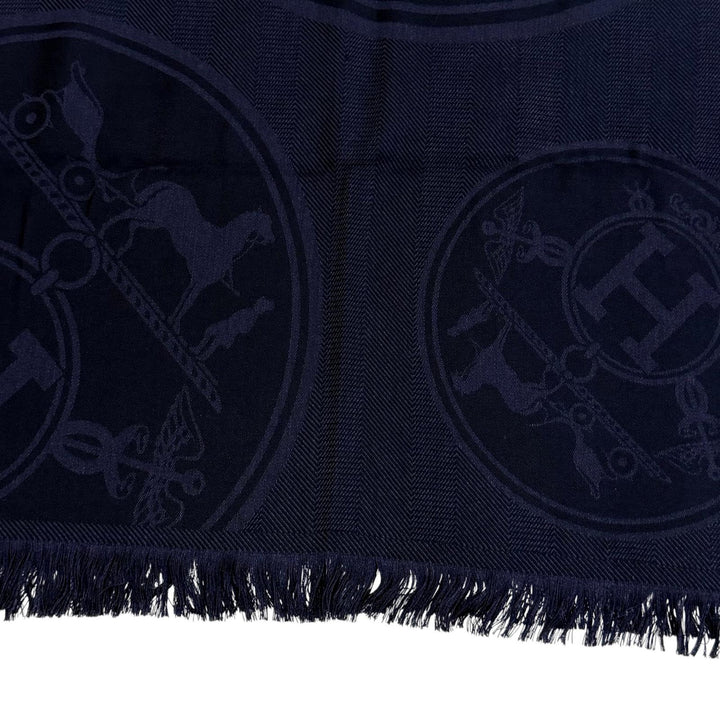 Pristine HERMES Stall New Libris Large shawl with fringe Navy cashmere Women