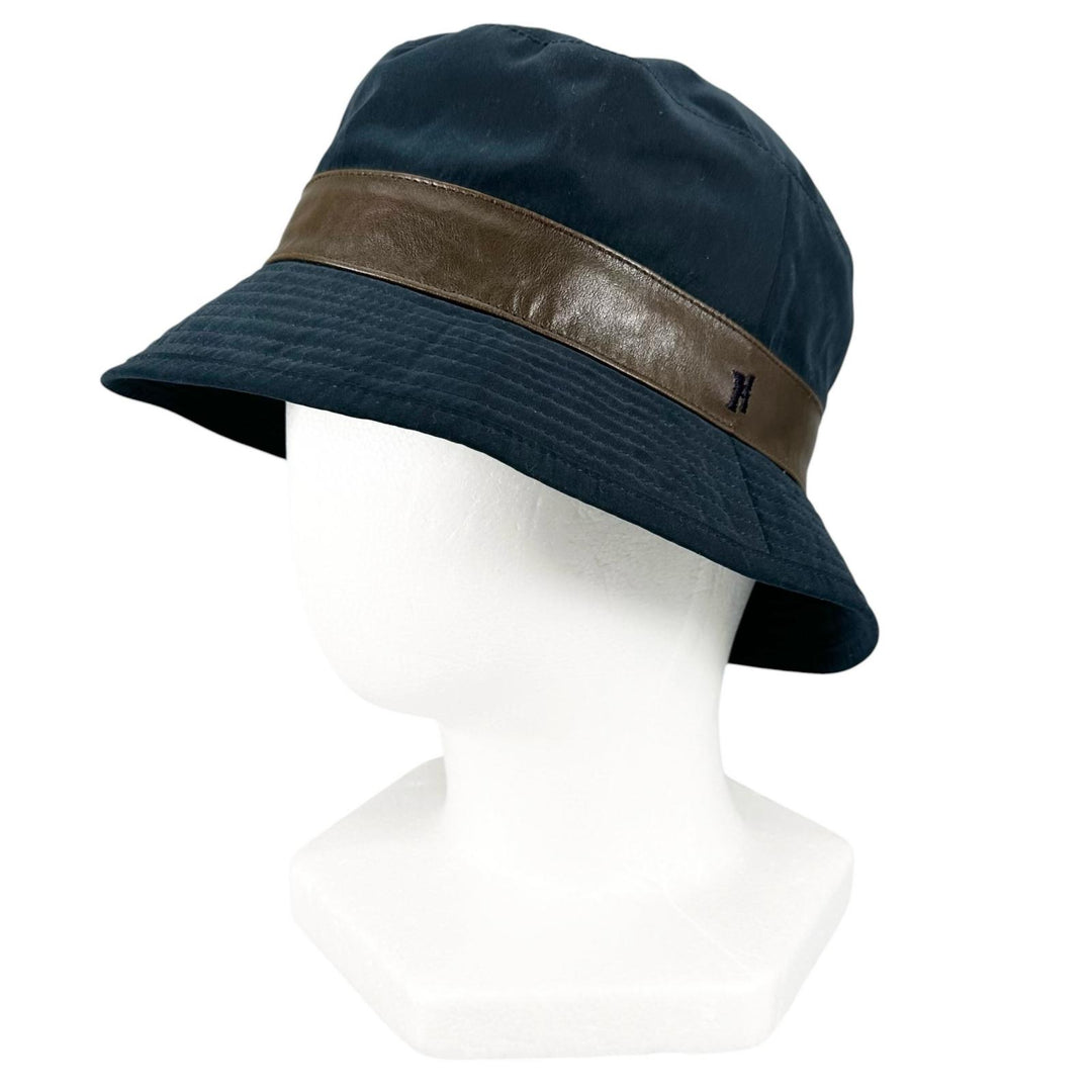 Great HERMES hat Embroidered logo H logo bucket Navy polyester mens 57