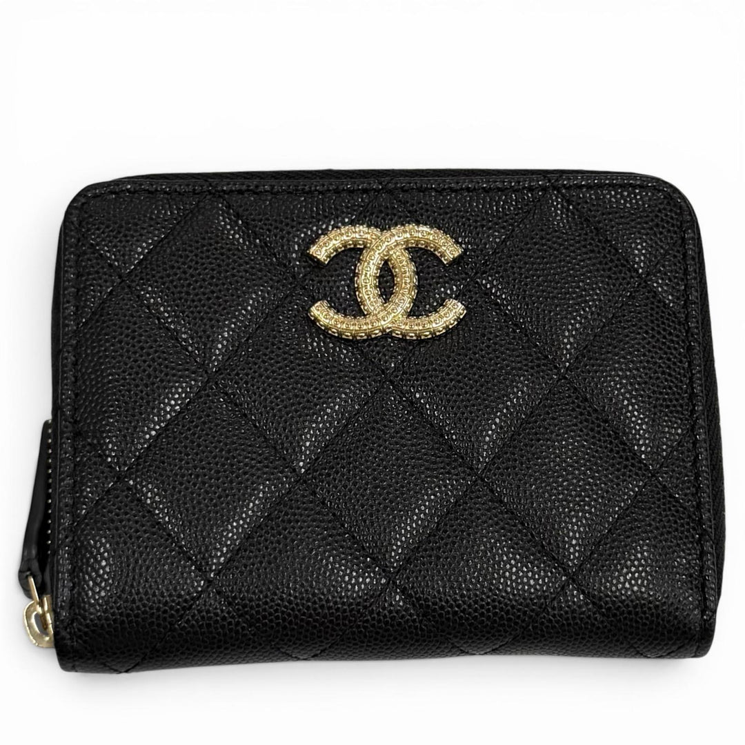 Excellent CHANEL Bifold Wallet black Caviar skin Women AP4720