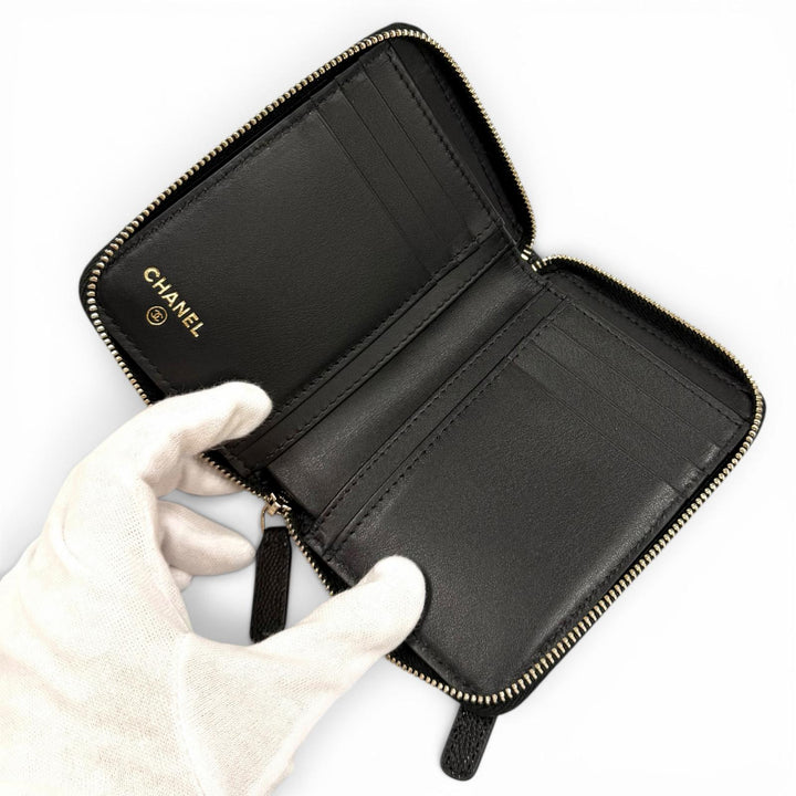 Excellent CHANEL Bifold Wallet black Caviar skin Women AP4720
