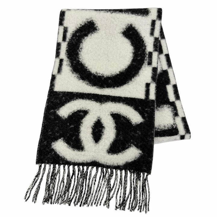 Excellent CHANEL Scarf COCO Mark Logo Design Fringe white cashmere Women AAA478