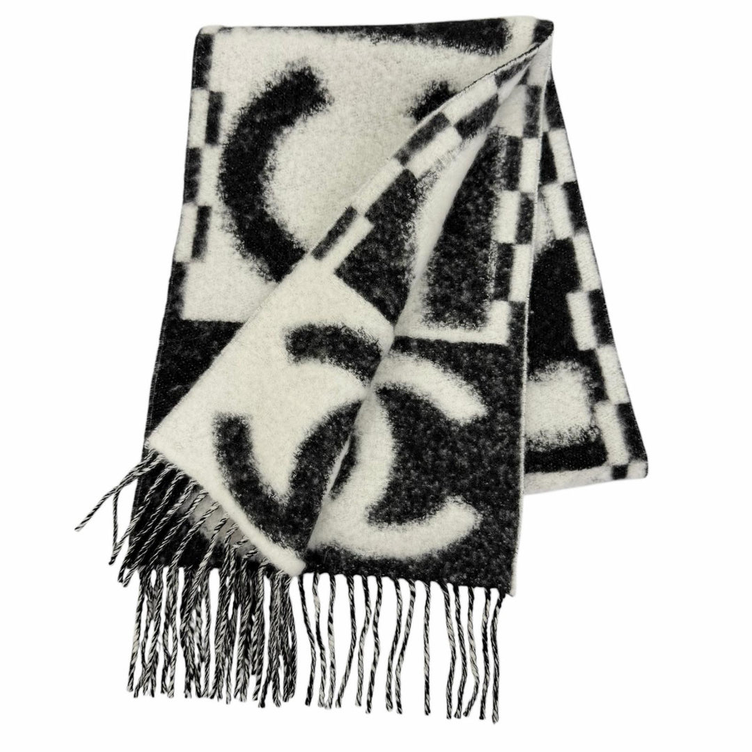 Excellent CHANEL Scarf COCO Mark Logo Design Fringe white cashmere Women AAA478