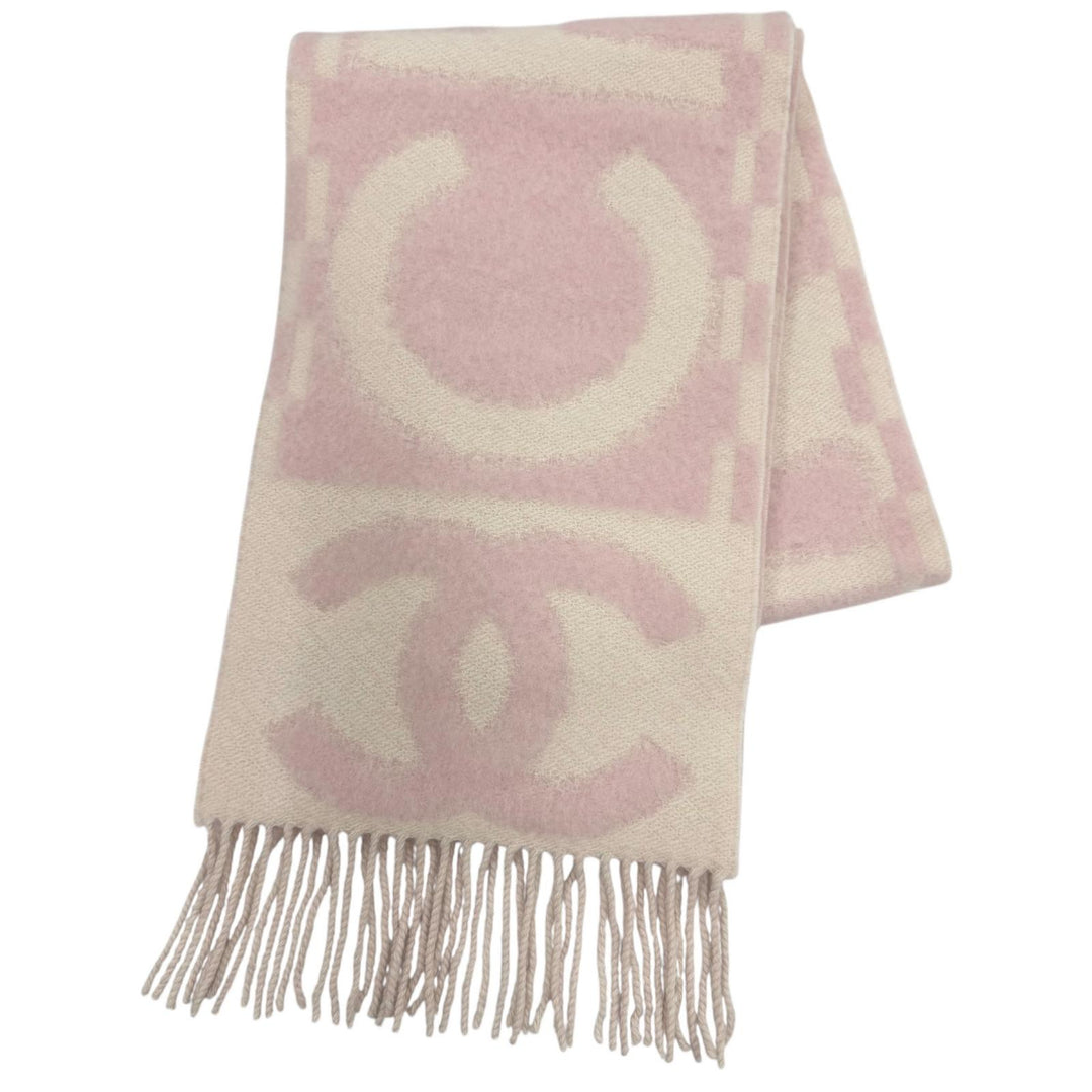 Excellent CHANEL Scarf COCO Mark Logo Design Fringe pink cashmere Women