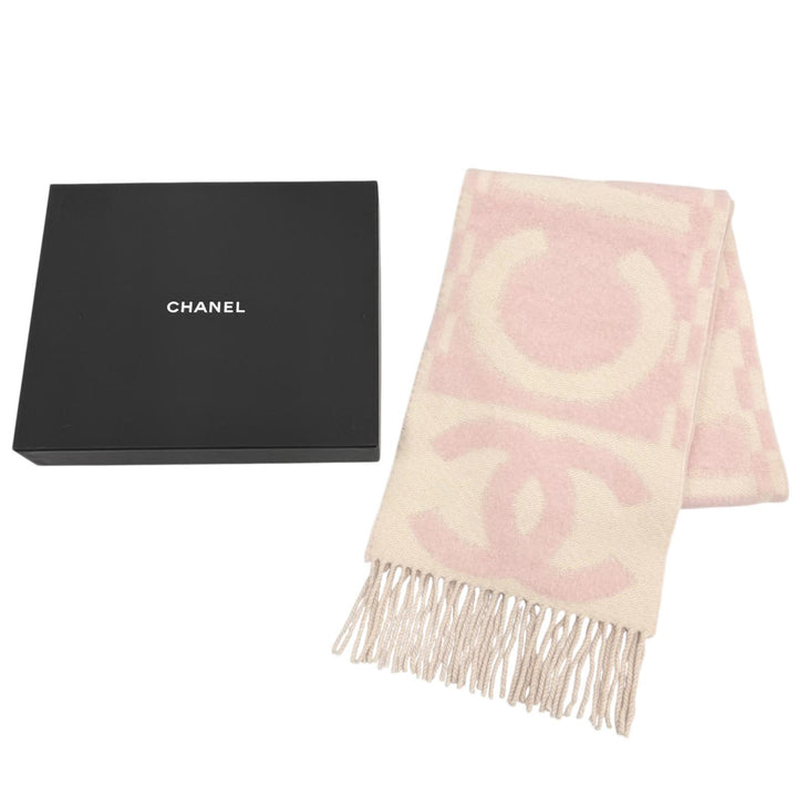 Excellent CHANEL Scarf COCO Mark Logo Design Fringe pink cashmere Women