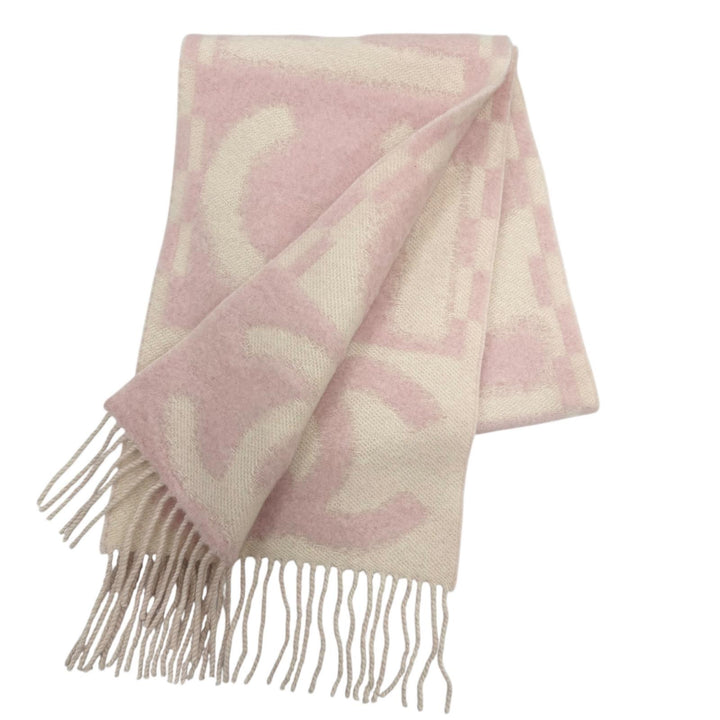 Excellent CHANEL Scarf COCO Mark Logo Design Fringe pink cashmere Women