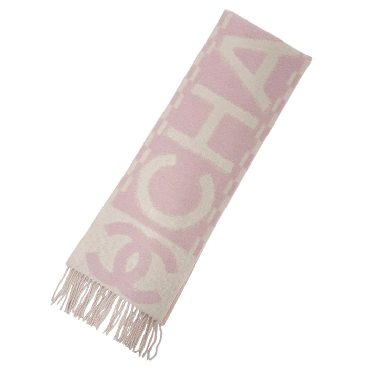 Excellent CHANEL Scarf COCO Mark Logo Design Fringe pink cashmere Women