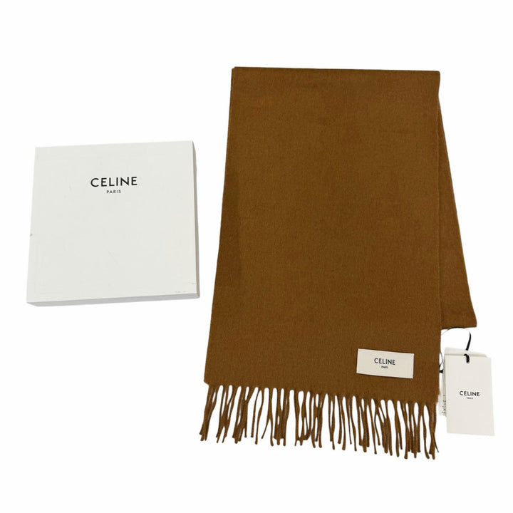 Pristine CELINE Scarf Logo fringed shawl/stole Brown cashmere Women AA0FP2K77