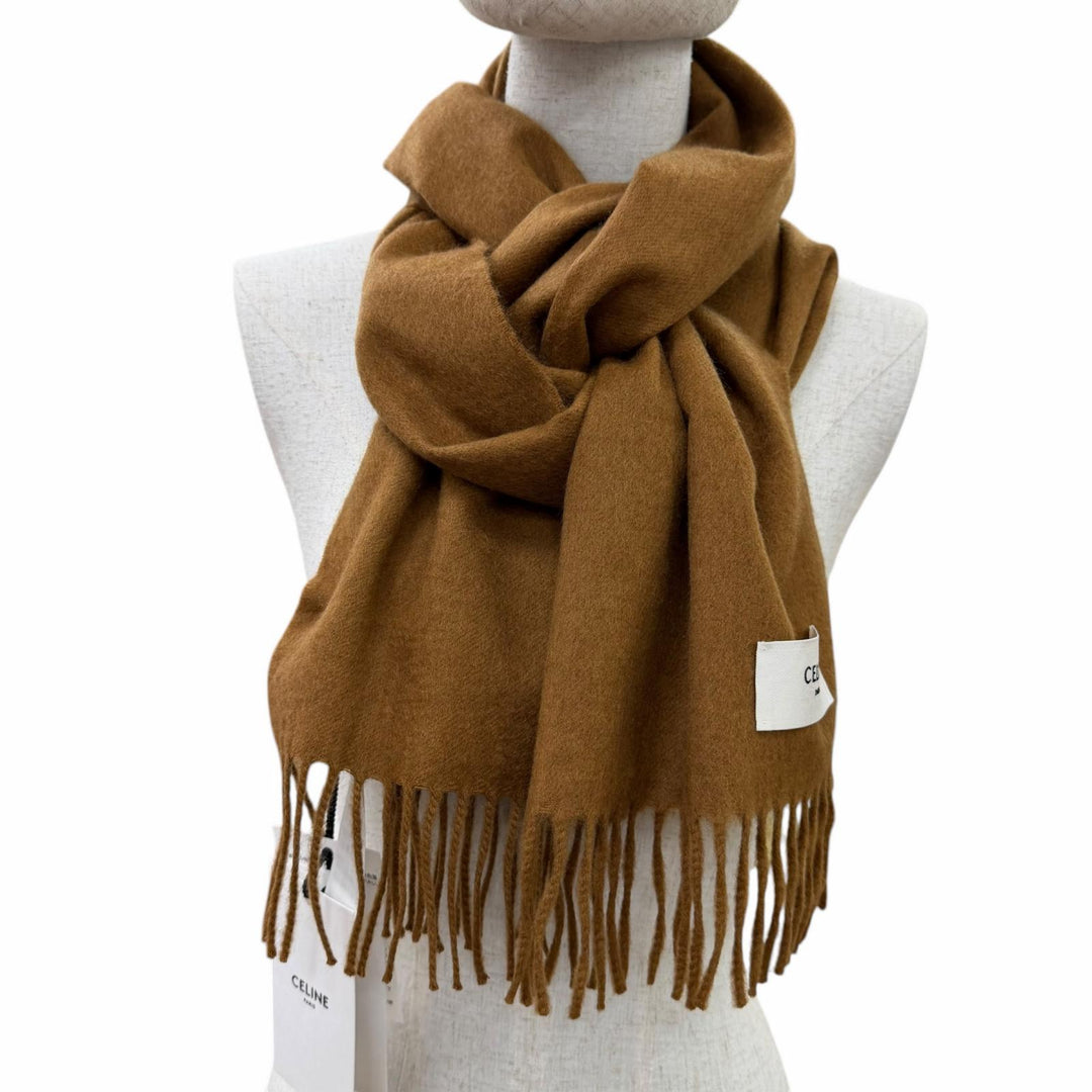 Pristine CELINE Scarf Logo fringed shawl/stole Brown cashmere Women AA0FP2K77