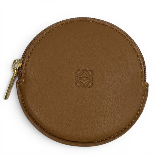 Excellent LOEWE Coin case Anagram Round Zip Leather Brown Sheepskin Leather